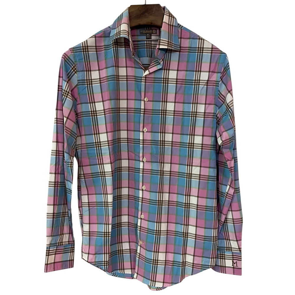 Peter Millar Summer Comfort Performance Mens Pink Blue Plaid Button Up Shirt M - Picture 1 of 14